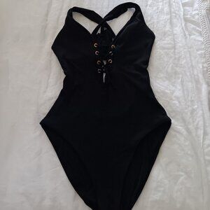 Black Lace-Up Plunge One-Piece Swimsuit